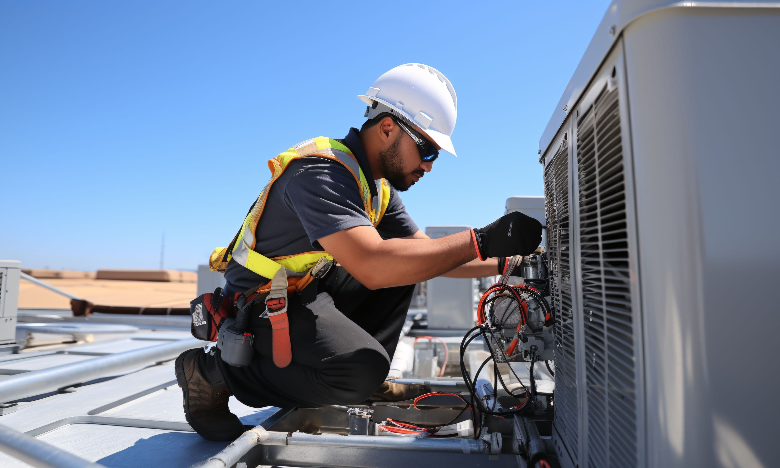 nuValence technician servicing rooftop mechanical plant